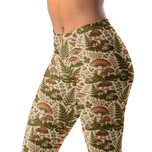Cottagecore Mushroom Forest Print Leggings with Ferns and Moss