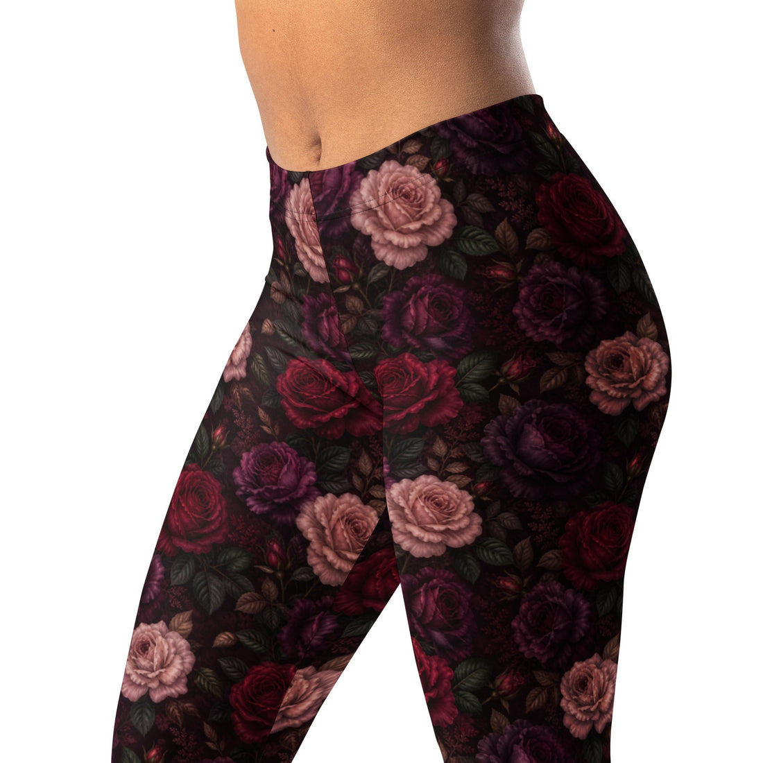 Moody Rose Garden Leggings with Oversized Roses on Black
