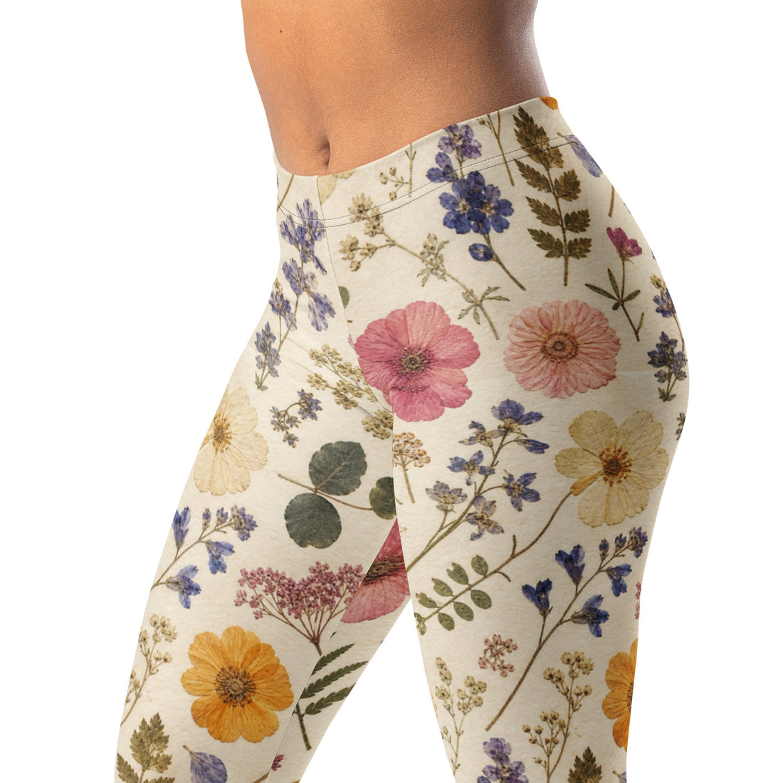 Realistic Pressed Flower Collage Leggings with Scrapbook Style