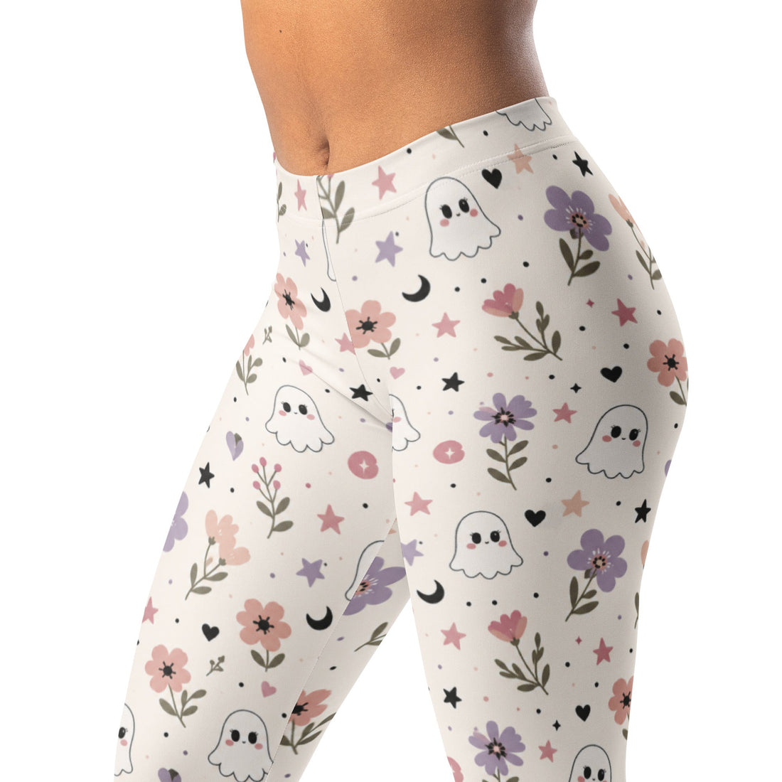 Spooky Cute Floral Leggings with Tiny Ghosts, Flowers, Hearts, and Stars Print