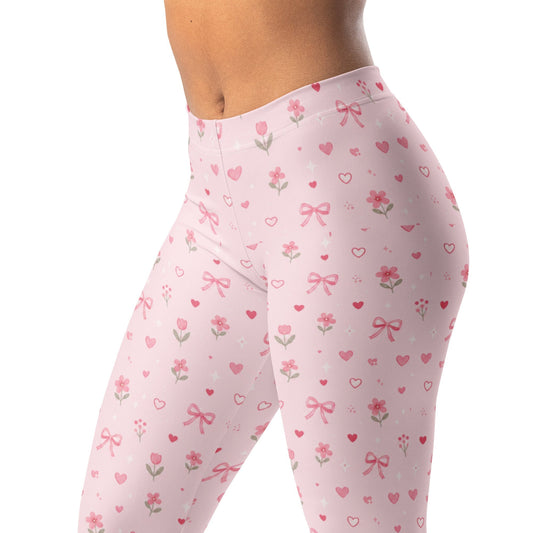 Valentine Mini Hearts Leggings with Tiny Hearts, Flowers, Bows, and Soft Pink Details