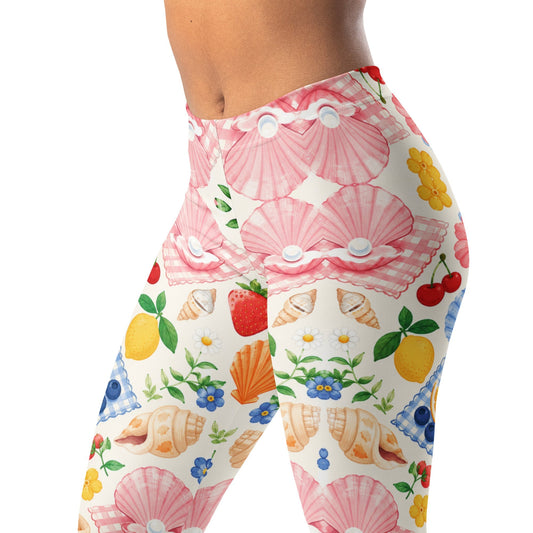 Summer Shell Picnic Leggings with Shells, Fruit, Flowers, and Gingham Accents