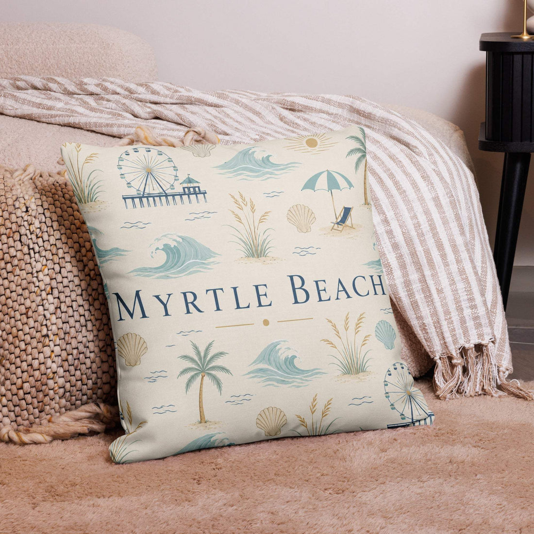 Myrtle Beach Coastal Boardwalk Decorative Pillow with Clean Coastal Design