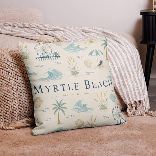 Myrtle Beach Coastal Boardwalk Decorative Pillow with Clean Coastal Design