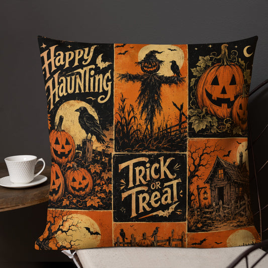 Vintage Haunted Pumpkin Patch Premium Pillow with Halloween Design