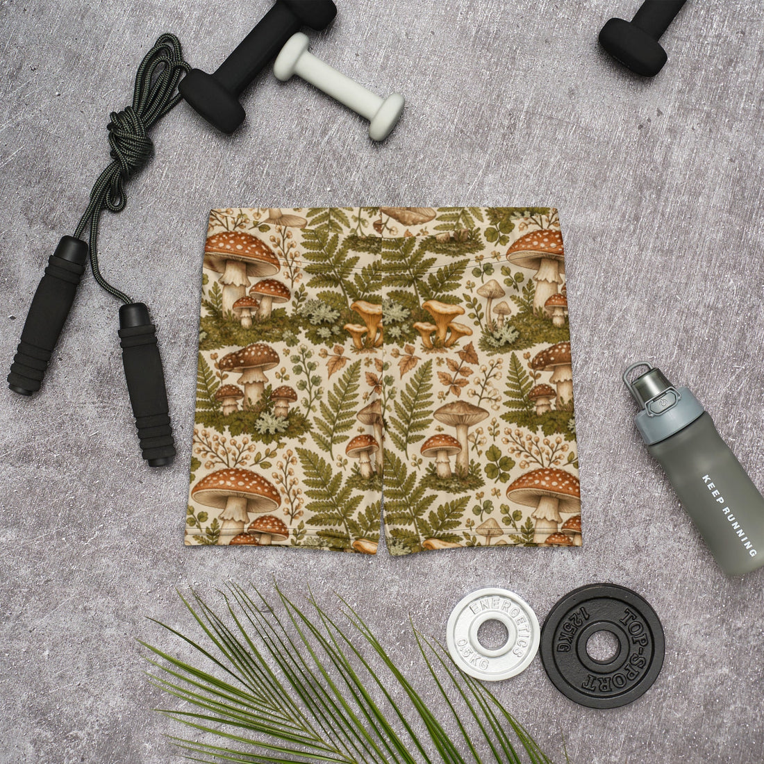 Cottagecore Mushroom Forest Biker Shorts with Ferns and Moss Print