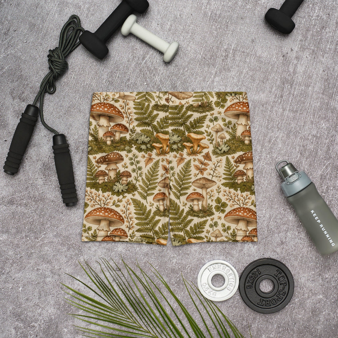 Cottagecore Mushroom Forest Biker Shorts with Ferns and Moss Print
