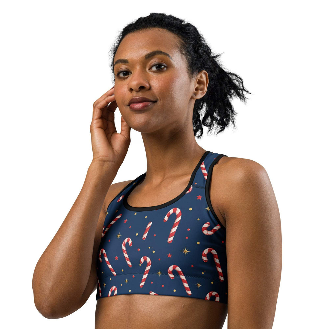 Candy Cane Toss Sports Bra with Festive Red and White Print