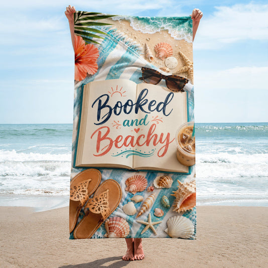 Booked and Beachy Beach Towel with Open Book and Beach Accessories Design