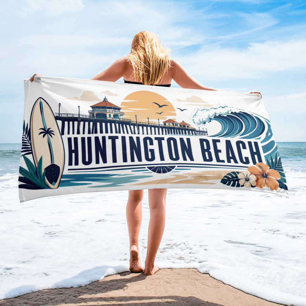 Huntington Beach Surf City Beach Towel with Refined Surf Design