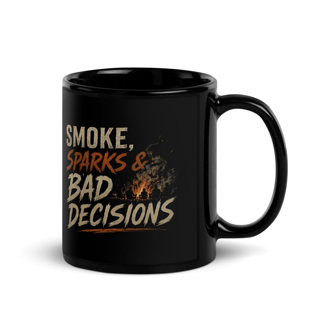Bad Decisions Bonfire Campfire Black Glossy Mug for Smoky Nights