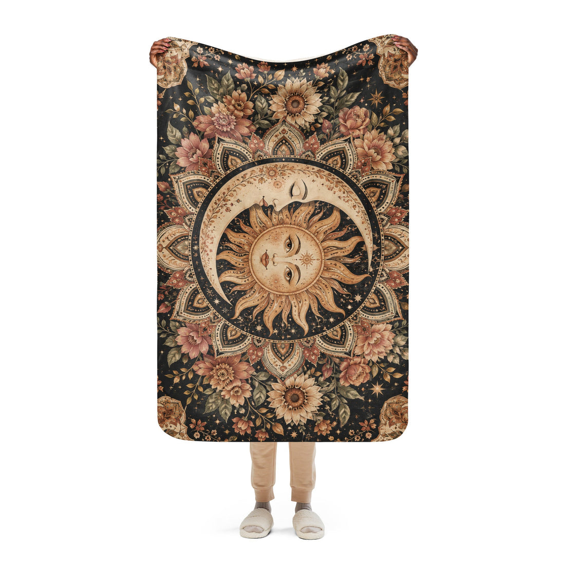 Sun Moon Floral Mandala Sherpa Blanket for Cozy Comfort