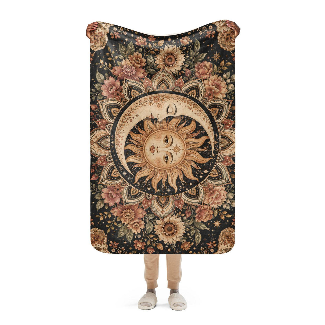 Sun Moon Floral Mandala Sherpa Blanket for Cozy Comfort