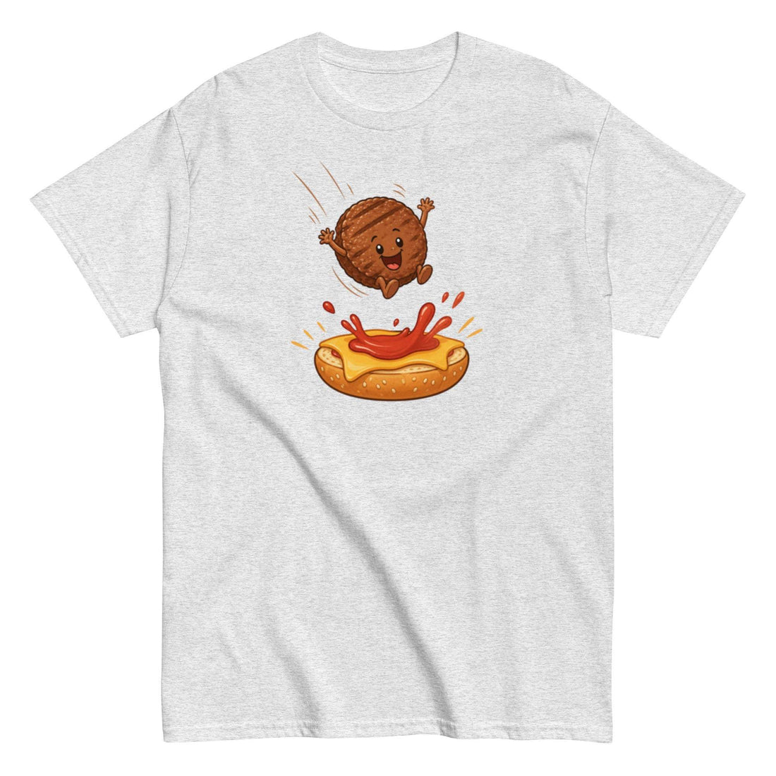 Burger Jump BBQ T-shirt with Playful Food Art on Ash Gray Tee
