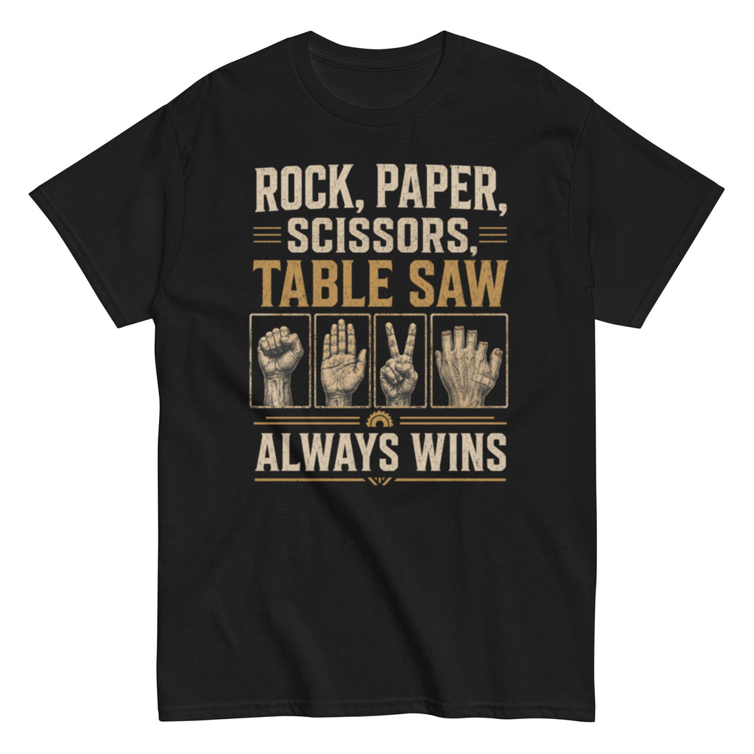 Rock, Paper, Scissors, Table Saw - Dark Humor Woodworking T-Shirt