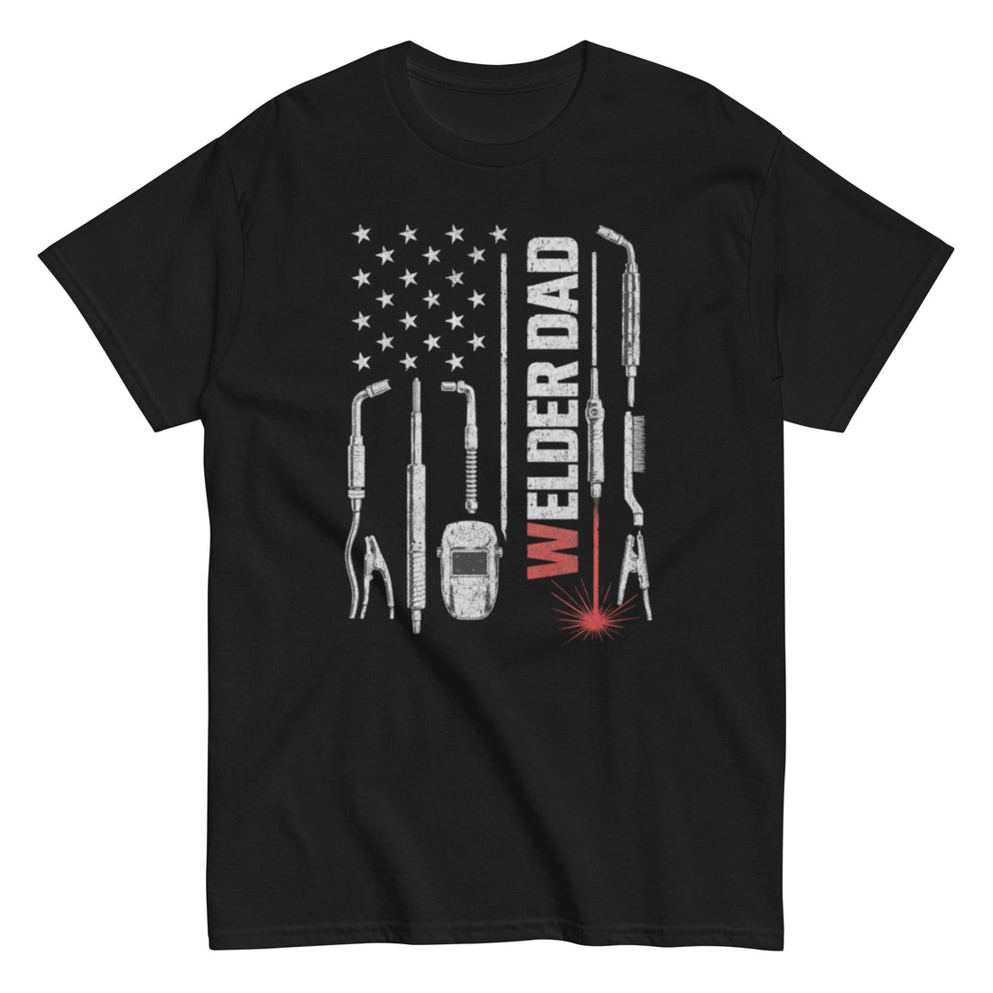Welder Dad American Flag Welding Dad Tee on a black classic tee
