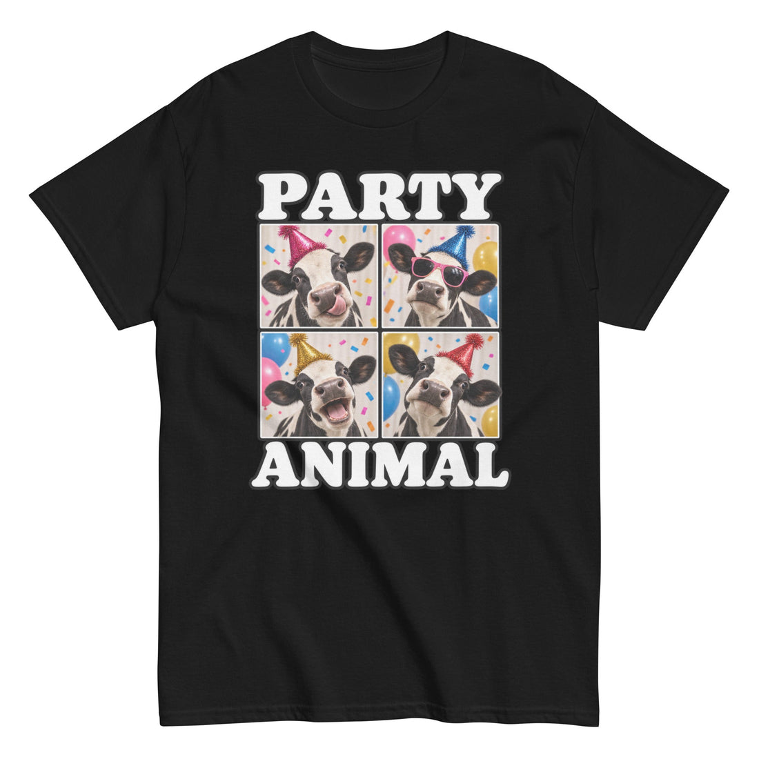 Party Animal Cow Lover Tee with Playful Photo Booth Design on Black Unisex Classic Tee