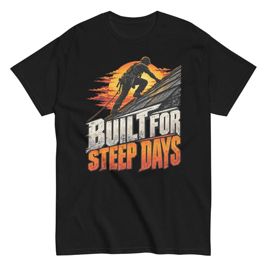 “Built for Steep Days” Roofer Humor T-Shirt Front View