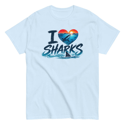 I Heart Sharks Shark Lover Tee with Bold Shark Illustration on Light Blue Shirt