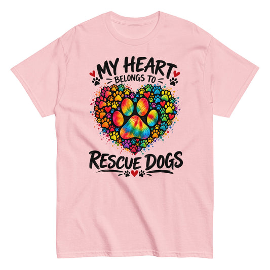 My Heart Belongs to Rescue Dogs – Rescue Dog Lover Tee in light pink