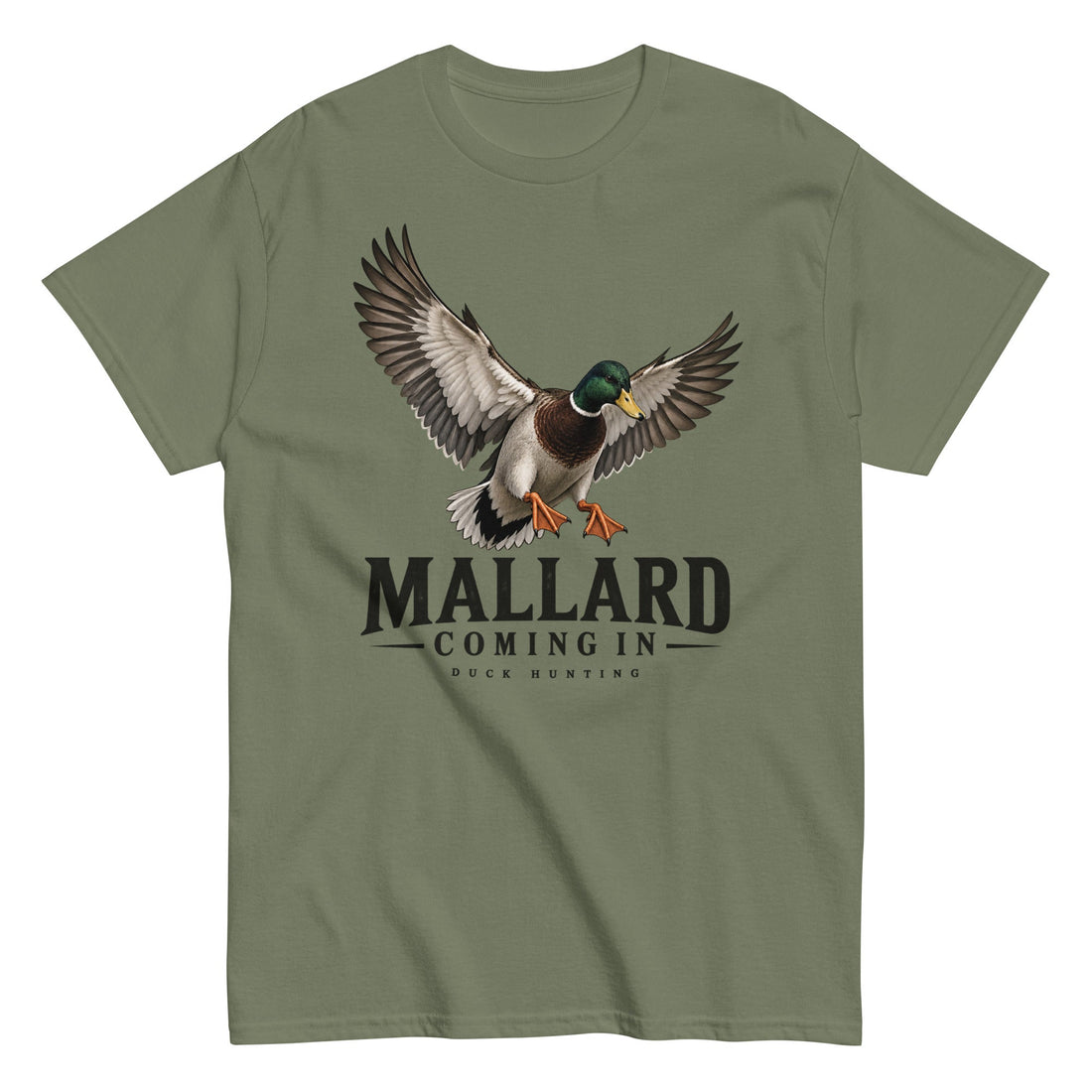 Mallard Coming In Duck Hunting Unisex Tee in Military Green