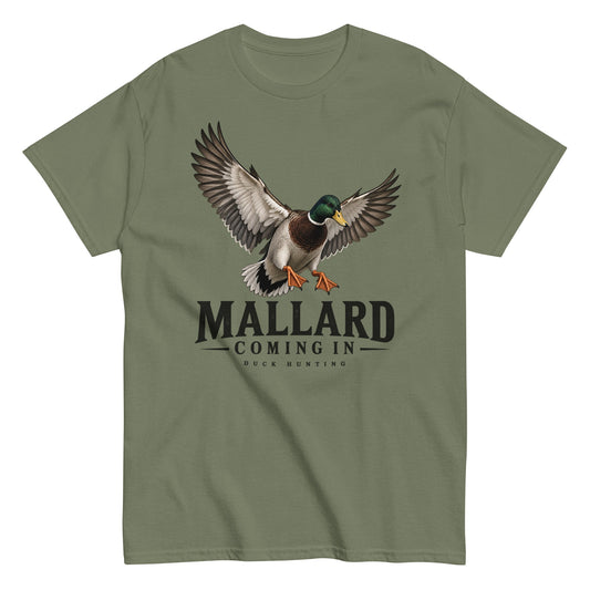 Mallard Coming In Duck Hunting Unisex Tee in Military Green