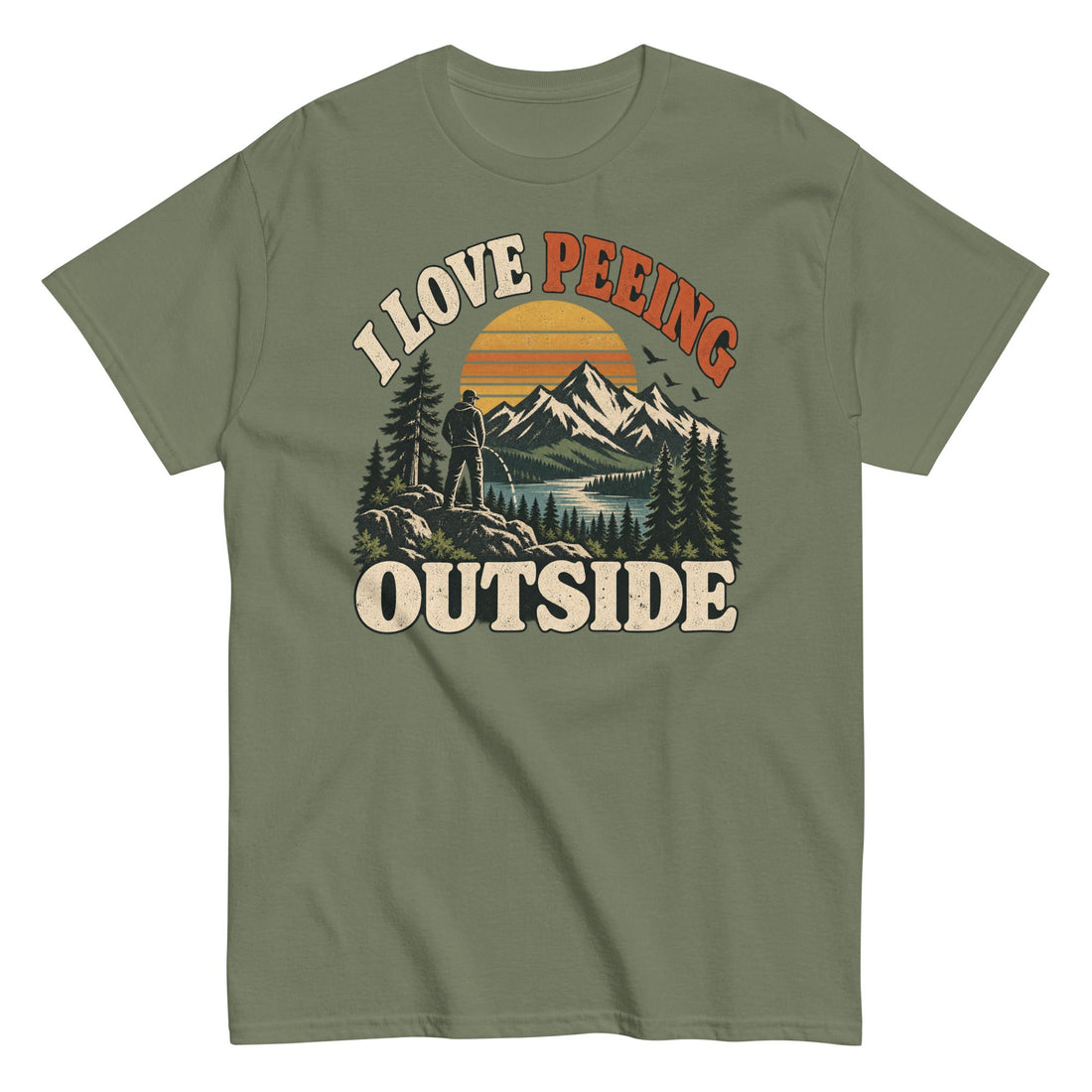 I Love Peeing Outside Camping Humor Tee with Retro Mountain Design