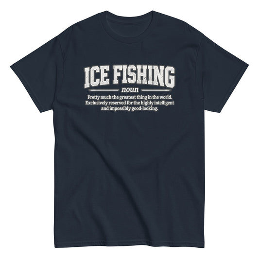 Ice Fishing Definition of Greatness – Unisex Cotton Tee front view in navy