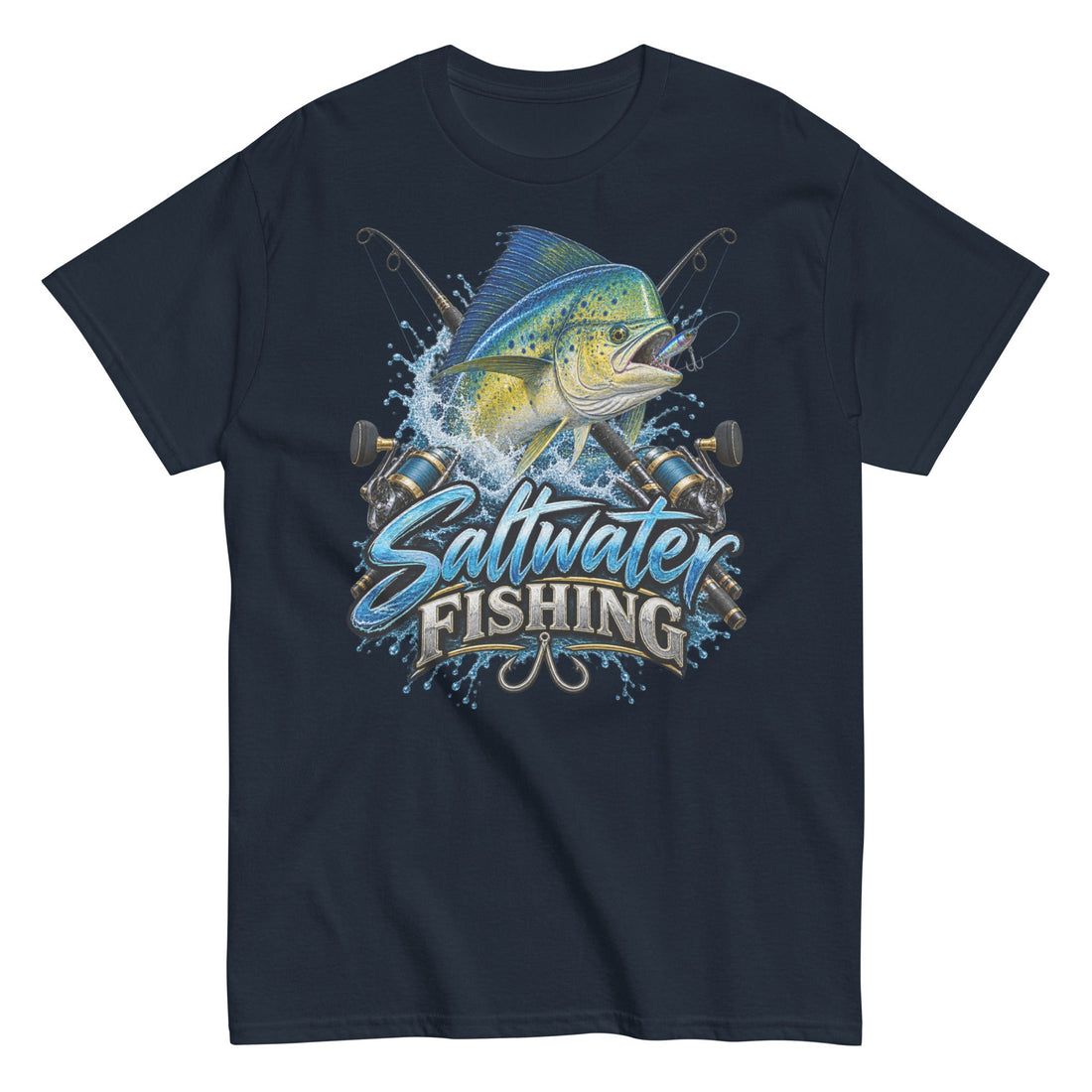 Saltwater Fishing Adventure Tee for Ocean Anglers on navy unisex classic tee
