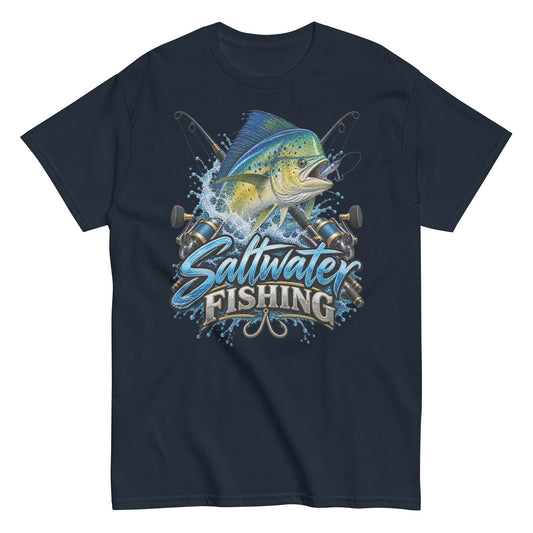 Saltwater Fishing Adventure Tee for Ocean Anglers on navy unisex classic tee
