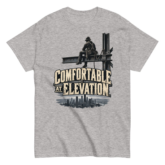 Comfortable at Elevation Ironworker Humor T-Shirt front view