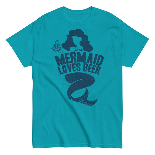 Mermaid Beer Lover Tee front view on tropical blue shirt
