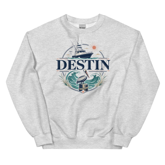 Destin Emerald Coast Fishing Crewneck Sweatshirt in ash color