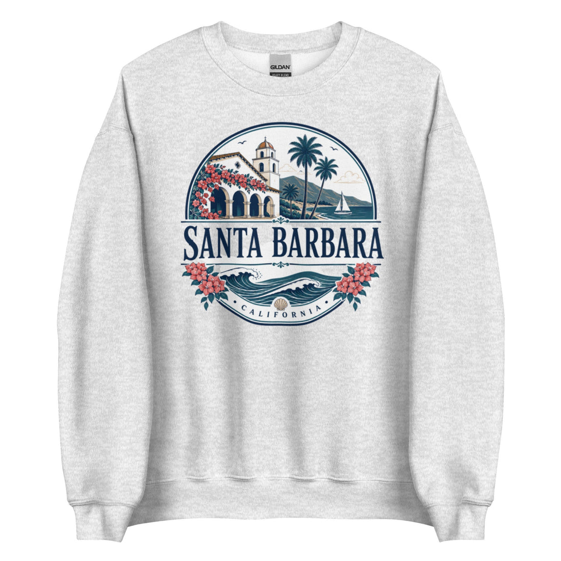 Santa Barbara Coastal Crewneck Sweatshirt with Spanish Colonial Architecture and Palm Trees