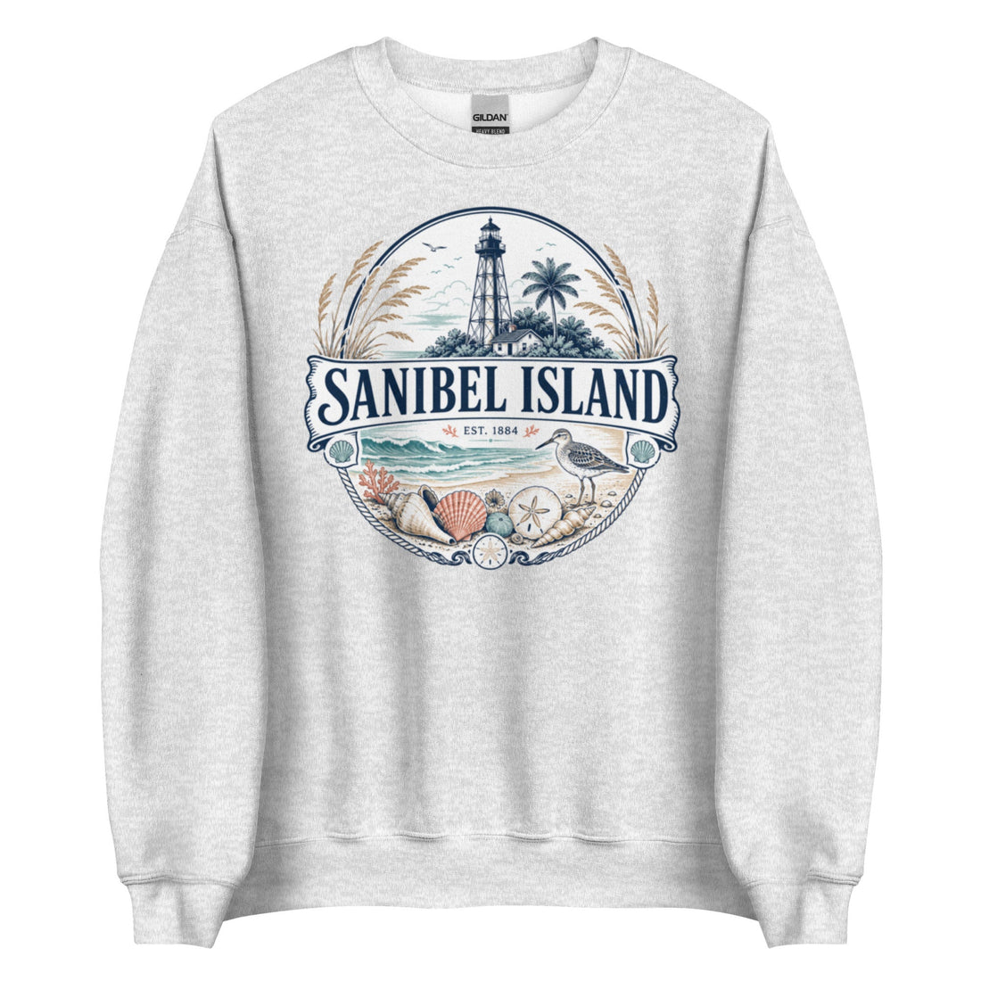 Sanibel Island Shell Collector Crewneck Sweatshirt with Lighthouse and Seashell Design
