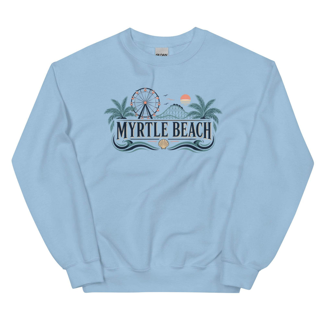 Myrtle Beach Boardwalk Coastal Crewneck Sweatshirt with Ferris Wheel and Ocean Waves