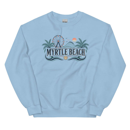 Myrtle Beach Boardwalk Coastal Crewneck Sweatshirt with Ferris Wheel and Ocean Waves