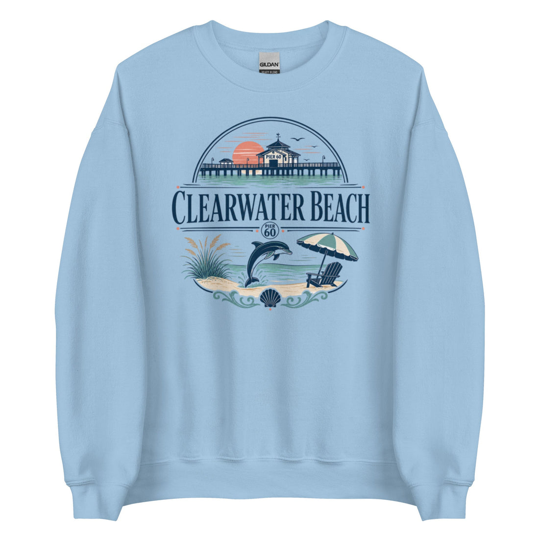 Clearwater Beach Pier 60 Crewneck Sweatshirt with Dolphin and Sunset Accents