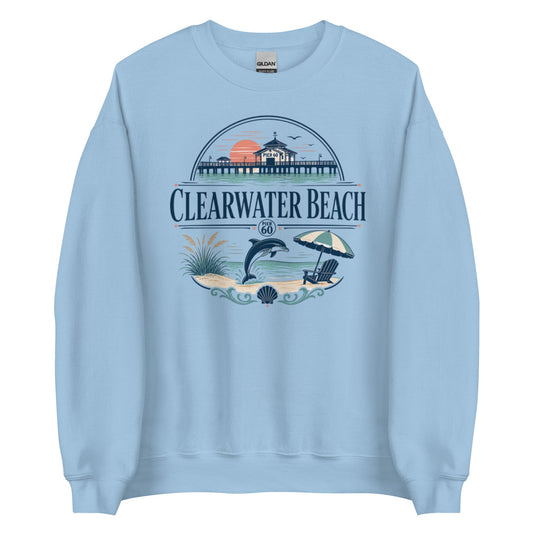 Clearwater Beach Pier 60 Crewneck Sweatshirt with Dolphin and Sunset Accents