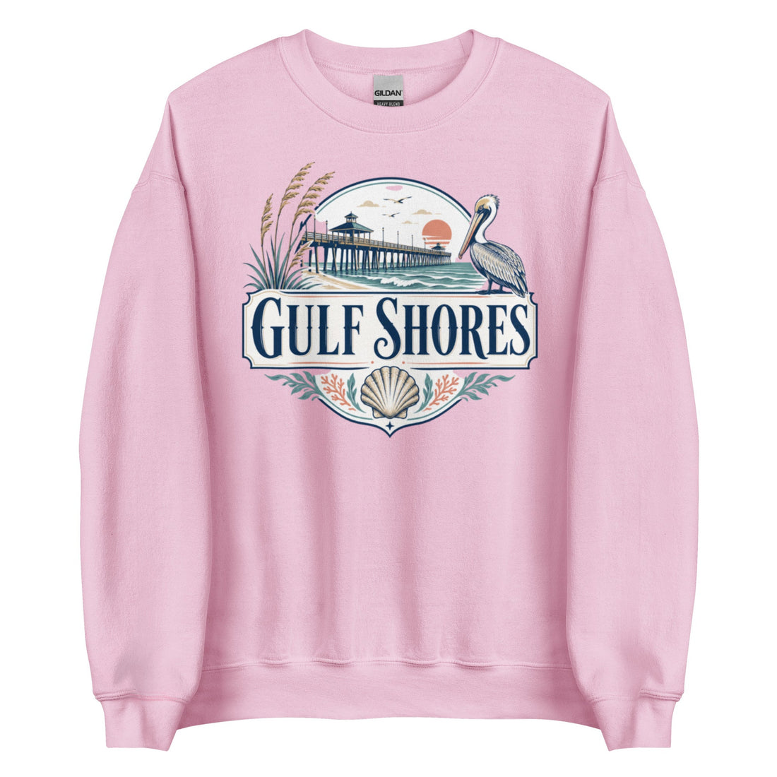 Gulf Shores Alabama Coastal Crewneck Sweatshirt with Fishing Pier and Pelican Design