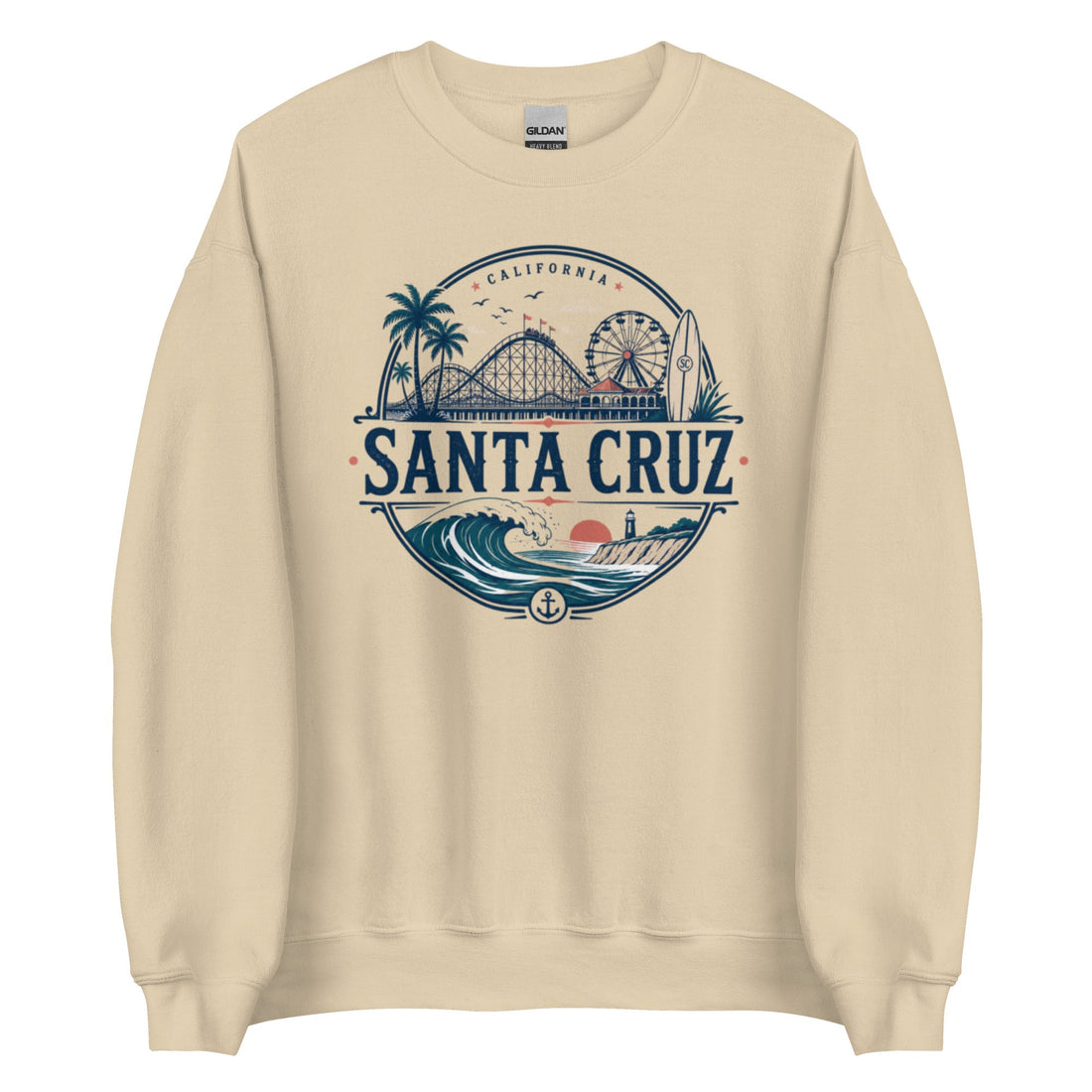 Santa Cruz Boardwalk Coastal Crewneck Sweatshirt with Roller Coaster Print