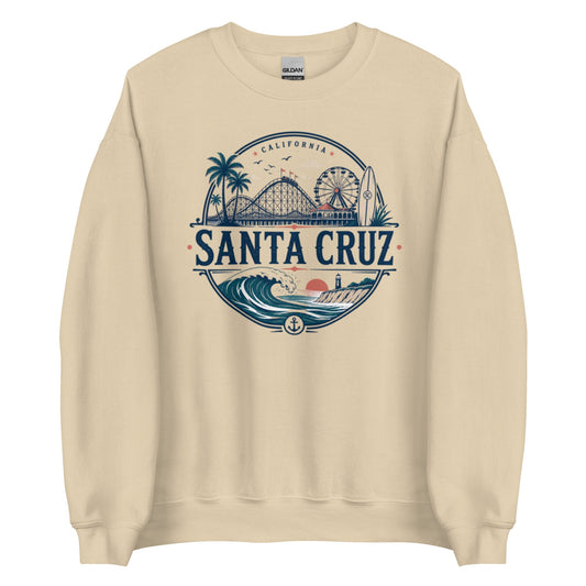 Santa Cruz Boardwalk Coastal Crewneck Sweatshirt with Roller Coaster Print