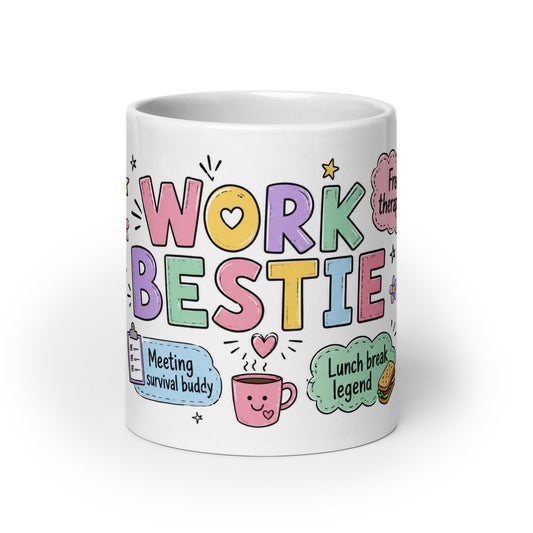 Colorful Coworker Work Bestie Mug with Sticker-Collage Design
