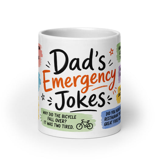 Dad's Emergency Jokes Mug with funny dad jokes and playful doodles