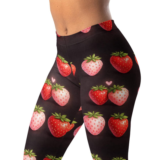 Cottagecore Strawberry Yoga Leggings with watercolor strawberry print, high-waisted design, and four-way stretch fabric for