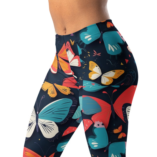 Colorful 90s Memphis Butterfly Leggings with bold butterfly print and four-way stretch fabric