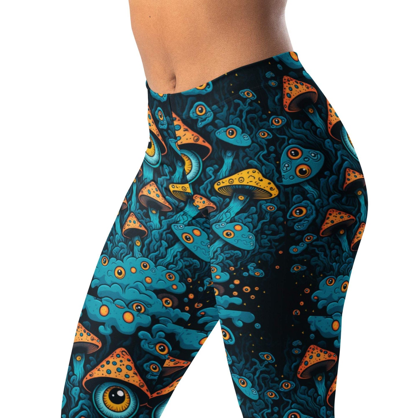 Surreal festival leggings with trippy mushroom and eyeball design