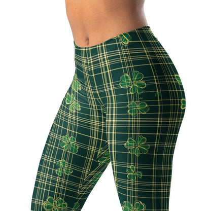 St. Patrick's Day Shamrock Check Leggings - Green clover print yoga pants for festive holiday
