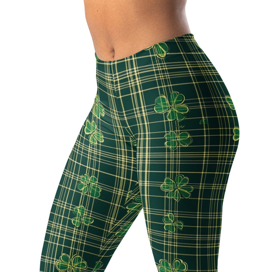 St. Patrick's Day Shamrock Check Leggings - Green clover print yoga pants for festive holiday