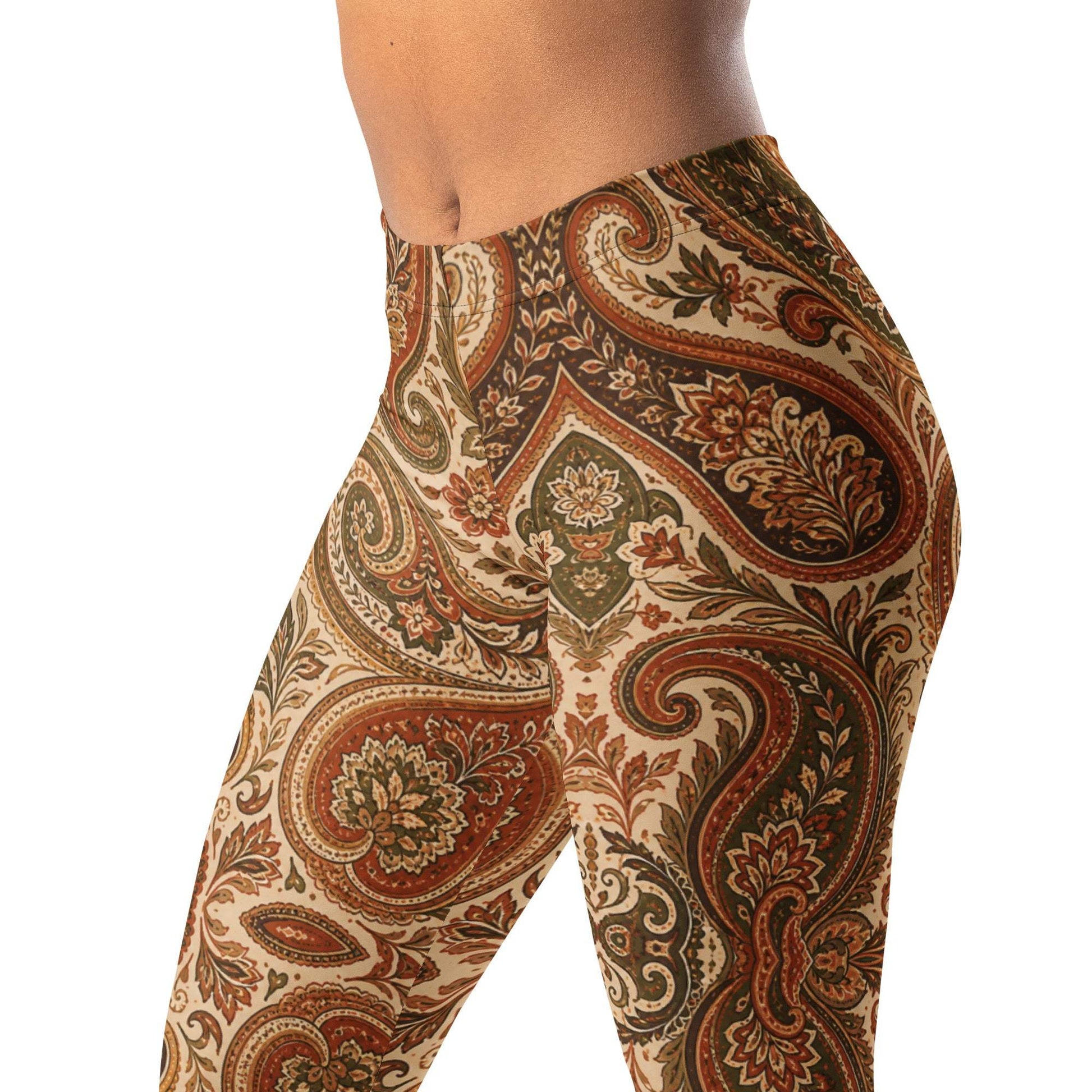 Boho Paisley Swirl Leggings in Earthy Rust, Olive, and Cream